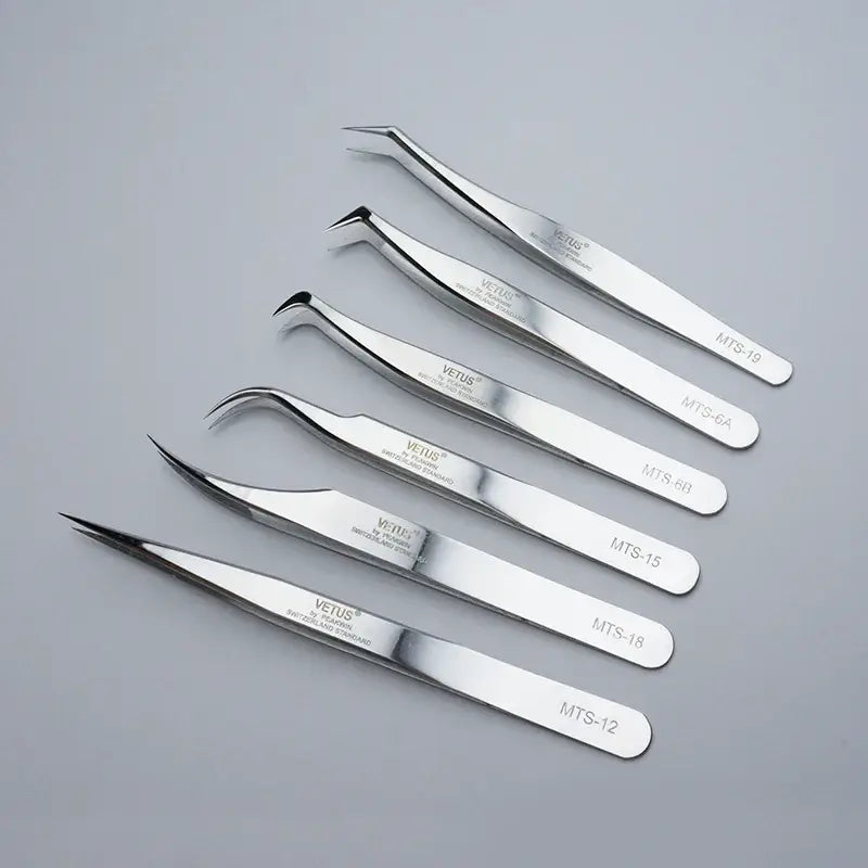 VETUS Original New MTS Series Silver Tweezers for Eyelash Extensions Stainless Steel