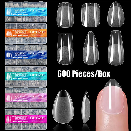 600 PCS Soft Gel X Nail Tips Supplies, Full Cover False Nail Tips for Acrylic Nails